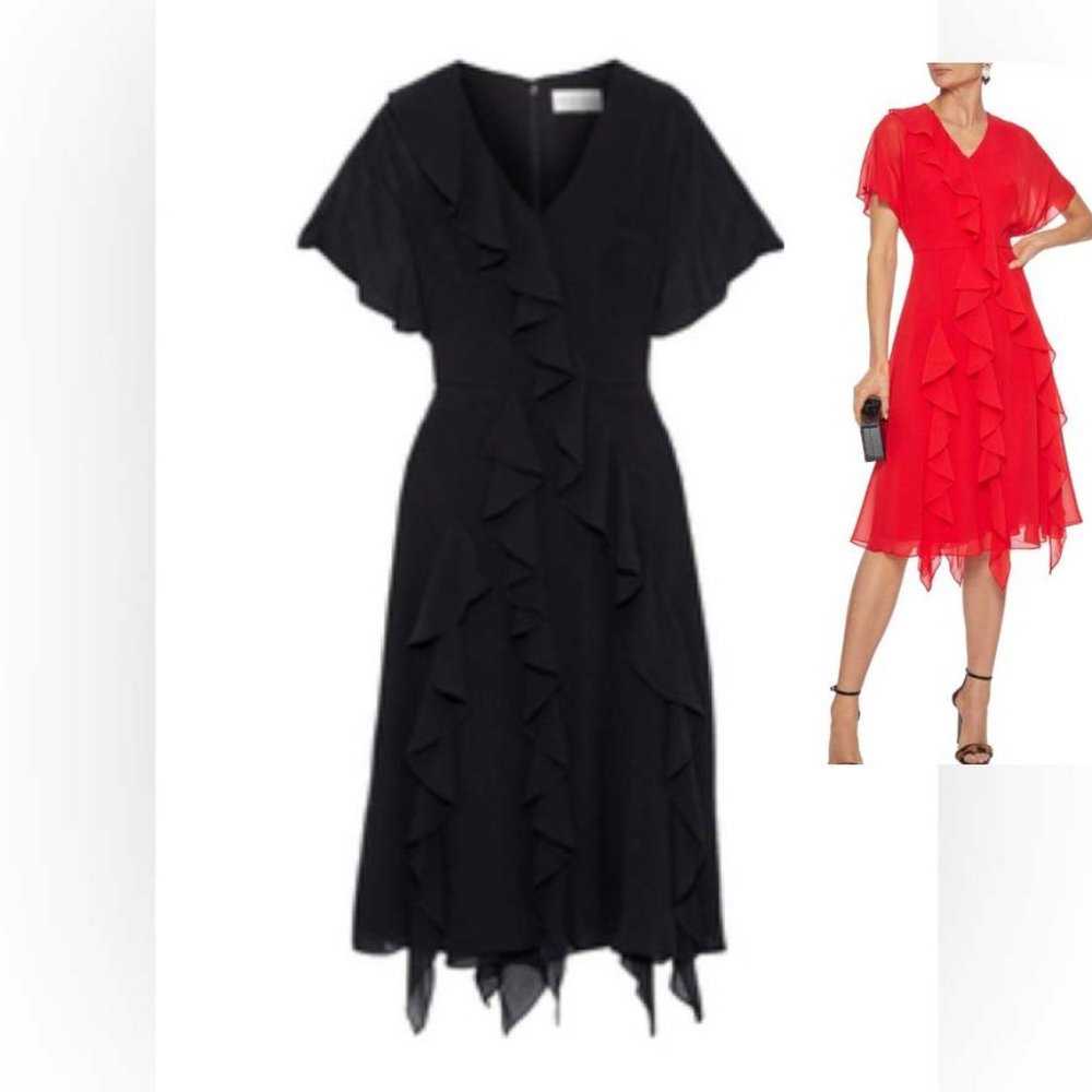 NWT Mikael Aghal Black Chiffon Ruffle Midi Dress Sz 8 NWT
